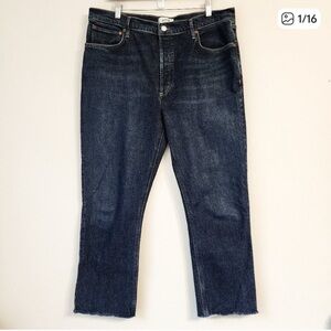 Agolde Riley Long Rise Straight Crop Jeans Women Sz 33 Medium Washed Raw Hem